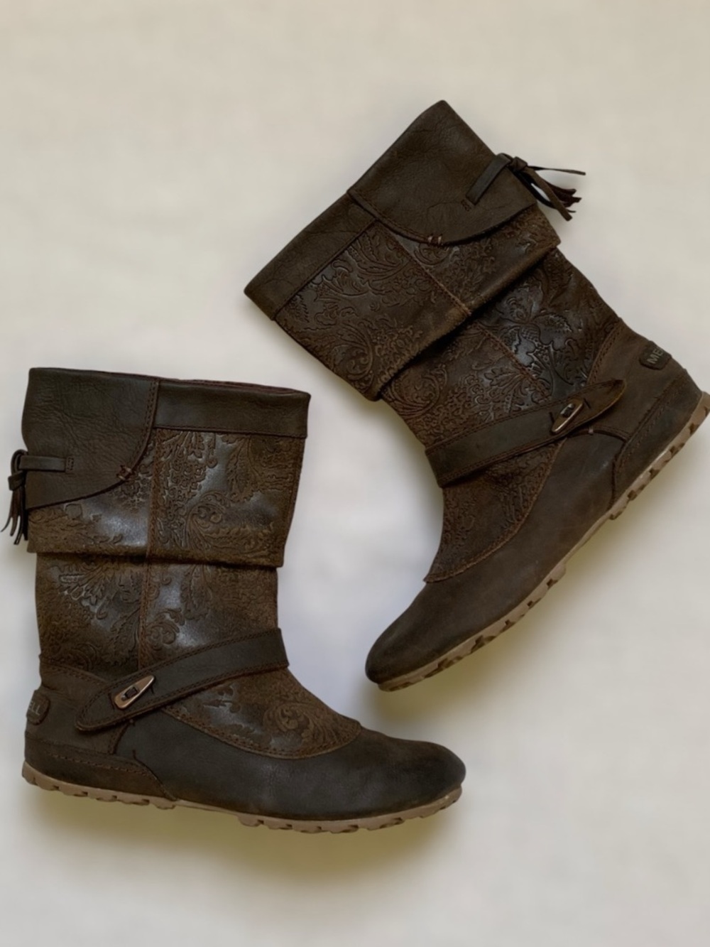 Merrell Haven Embossed Tooled Leather Brown Pull On Boot